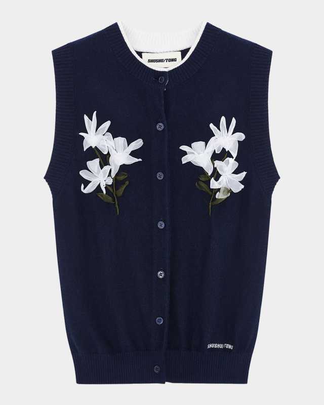 Floral Sleeveless Silk-Cashmere Cardigan